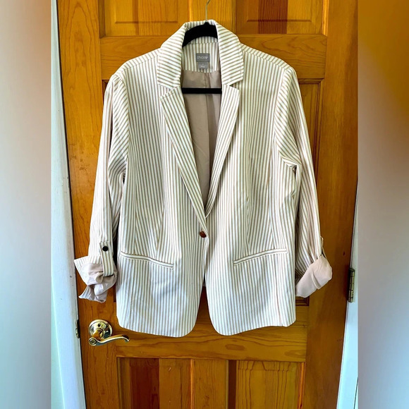 Chico's Jackets & Blazers - Chico’s Size 3 Bi-Stretch Tan White Striped Fully Lined Blazer Classic